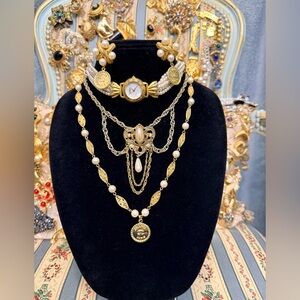 Vintage Custom Made Gold Pearl Watch Jewelry Set